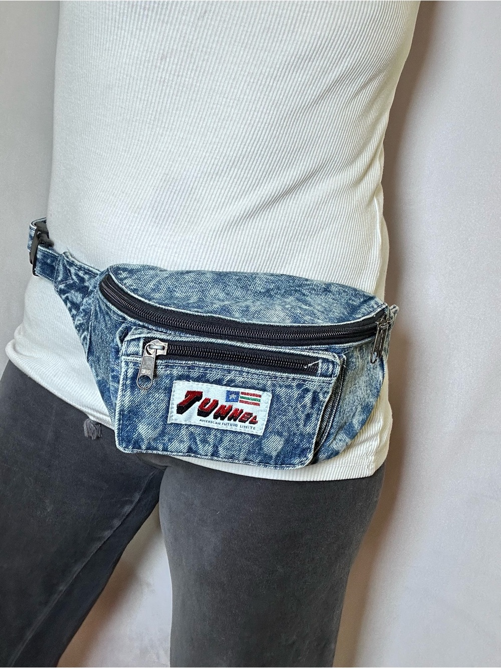 Vintage 80s 90s Tunnel Acid Wash Denim Fanny Pack Belt Bag Waist Pack